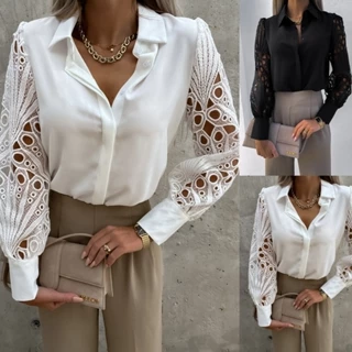 Primavera e verão novas camisas de costura de renda de cor sólida femininas de venda quente para mulher
