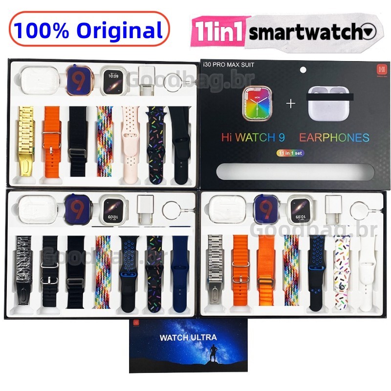 i30 Pro Max Suit Smart Watch Serie9 11in1 2.3 Carregador De Tela Grande HD Sem Fio Adaptador USB Capa Protetora TWS Earbuds 45mm PK S100 7in1