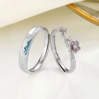 Monte Fuji E Cherry Blossoms 925 Anéis De Casal De Prata Esterlina Conjunto De Ajustáveis Para Ele Ela