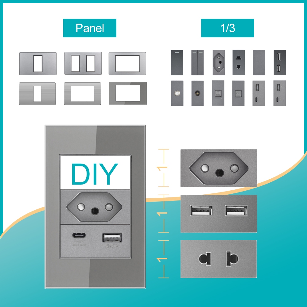 VISWE tomada parede tomada usb DIY USB/+ Type C 1Gang 1 Way Soquete De Parede Padrão Brasil Painel De Vidro Temperado Saídas cinza