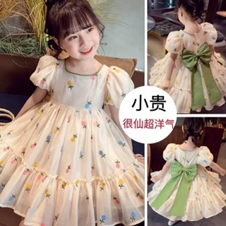 roupa infantil menina vestido de festa Nova Menina Summer Cute Fragmentada Floral Bubble Sleeves Super Immortal Bow Dress Popular Na Internet , Saia Fofa Do Mesmo Estilo roupa anjo infantilvestido para menina de um ano