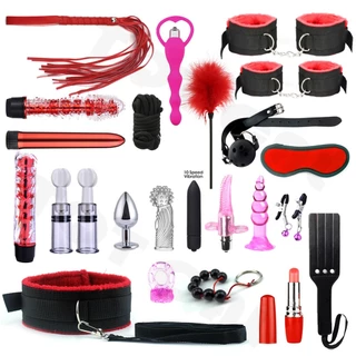 Kits BDSM Adultos Jogo Bondage Set Algemas De Chicote Metal Anal Vibrador De Plug Dildo Para Casais Femininos Acessórios Eróticos