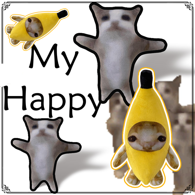 Banana Cat and Happy Cat Plush Toy Animais Decoração De Casa, gato feliz recheado anime bonecas travesseiro chorando gatos chaveiros 20-30cm decoração de boneca animal langabr