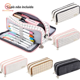 Estojo Para Lápis De Grande Capacidade com 3 Zíperes, bolsa para lápis, organizador de sacos de cosméticos quadrado,Black dots