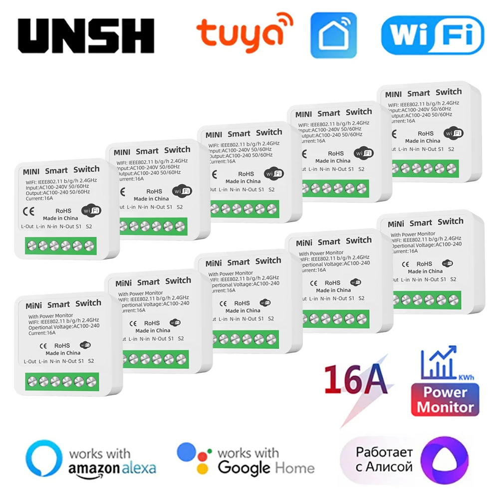 Tuya WiFi Smart Switch 2 Vias Controle Com Monitor De Energia Mini Breaker Life Control Funciona Alexa Google Home Tmall Genie 16A
