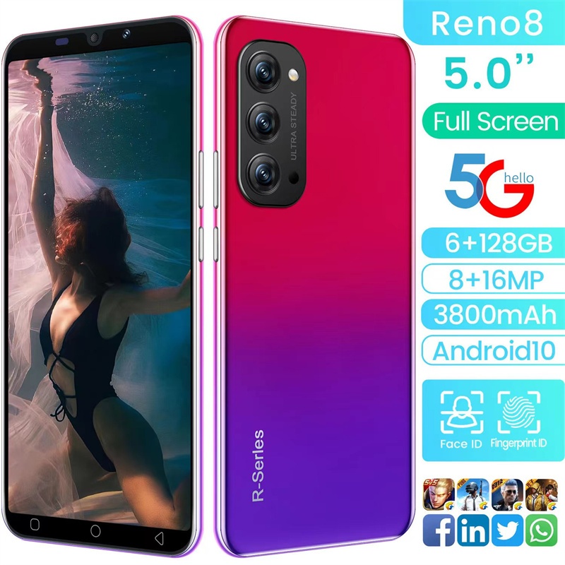 Celular Smartphone Reno 8 5,0 Polegadas 6GB + 128GB Telefone Com Cartão SIM Duplo