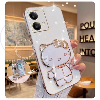 Capinha Motorola Moto Edge 40 Neo Capa Para Macia Com Espelho De Maquiagem KT Cat Mirror Folding Bracket À Prova De Choque
