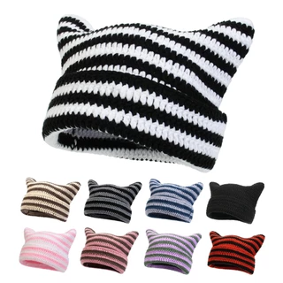 Cute Cat Ears Beanie Hats for Women Winter Striped Korean Punk Gothic Y2K Wool Knitted Streetwear Handmade Crochet Bucke