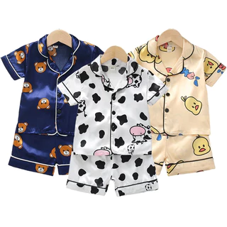 Summer Baby Boys Meninas Pijamas De Seda Conjunto Pijama Para Crianças Satin Cartoon Manga Curta + Shorts Roupa De Noite em Oferta na Shopee