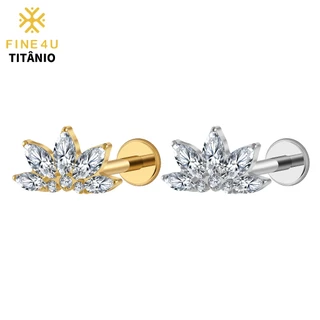 FINE4U Piercing Titânio 16G Lotus Flor PVD Para Helix Conch Cartilagem Interno Rosca Hipoalergênica