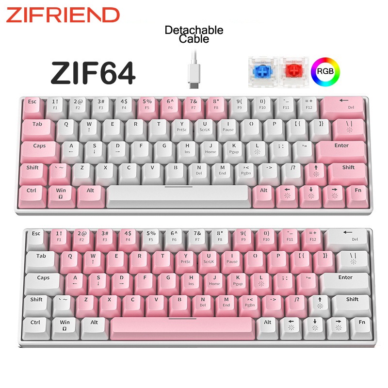 ラブリー ZIFRIEND Teclado Mecânico Rosa RGB Retroiluminado 64 Teclas 60