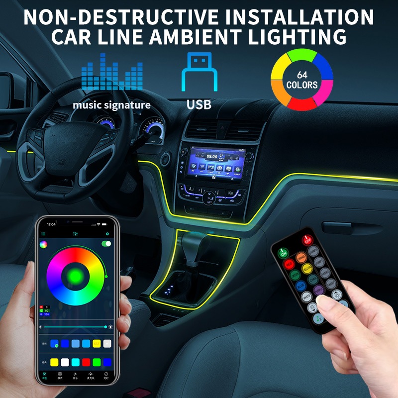 Barra De Luz Ambiente Do Carro Múltiplos Modos RGB Universal LED Interior Lâmpada De Fita Atmosférica Escondida