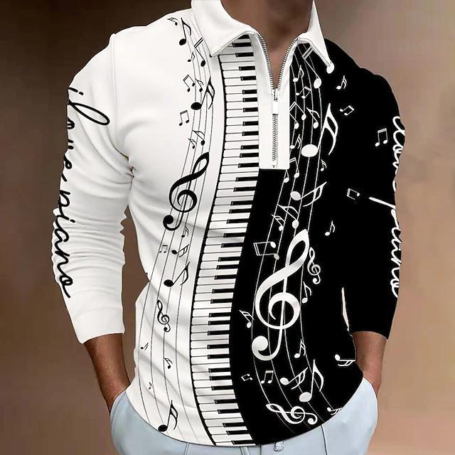 Camisa Pólo Masculino Golfe Gráfica Notas Gráficas Turndown Preto-Branco Amarelo Vermelho Azul Laranja 3D Impressão Exterior Rua Manga Longa Zíper Vestuário Moda Casual Respirável