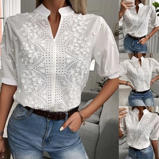 Camisa Feminina Elegante Túnica Com Padrão floral E Furo Redondo Bordado Meia Manga De Lapela