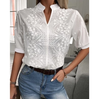 Casual Blusa A-Line com Renda Simples para Mulheres