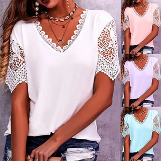 Camisetas femininas de manga curta com decote em V e renda Camisetas casuais soltas roupas femininas de algodão tamanho grande