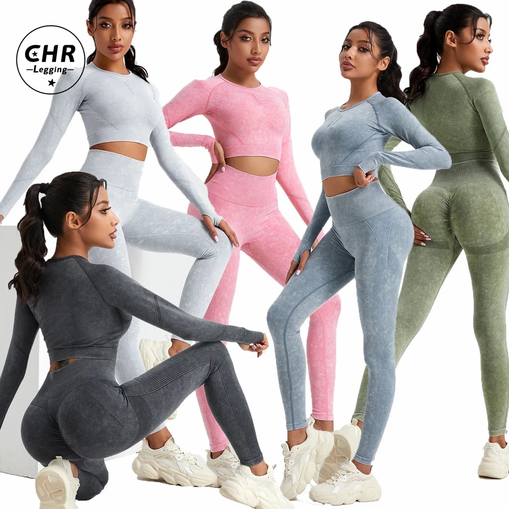 CHR 2PCS Conjunto Esportivo De Fato De Yoga Sem Costura Para Mulheres De Manga Longa Com Ginástica De