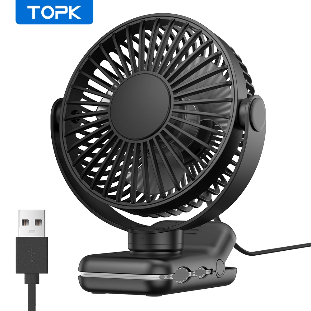 TOPK Pequeno Ventilador De Clip Portátil [USB Powered] Mesa Com 3 Velocidades Fluxo De Ar Forte , 720 ° Rotação , Ultra-Quieto , Ventiladores Para Home/Office/Stroller/Library E Summer Gift 1-Pack