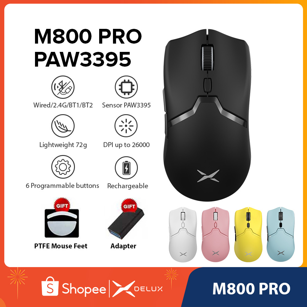 Delux M800 PRO PAW3395 26000DPI 50G ACC Rato De Jogos Sem Fio 72g Com Leve Programável Para PC Gamer