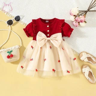 Vestidos de Festa de Aniversário para Baby Girls Estilo Coreano com Nó de Laço e Manga Curta