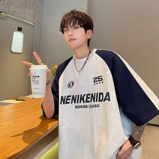 Camiseta Européia Americana Homens 2 Cores M-3XL Carta de Rua Americana Homens de Manga Média Retro Hip-Hop Nicho Casual Solto