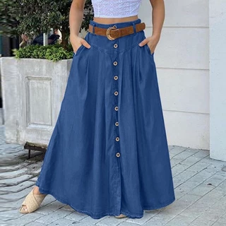 Saia Longa Feminina Com Bolsos Lateral De Botão/Frente/Retro/Casual 896
