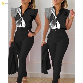 Elegante Conjunto De Duas Peças De Moda Feminina Slim Summer Fashion Spring Print V Botão De Pescoço Fatos De Camisa De Manga Voadora1