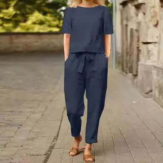 Conjunto de terno de linho de algodão feminino calças de perna larga retro solto roupas para casa