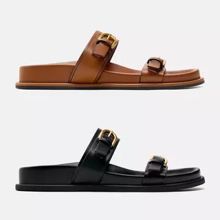 Zara2024 Primavera Verão Novo Produto TRF Sapatos Femininos Cinto de Couro Marrom Sandálias Decorativas Sandálias Estilo Britânico Chinelos