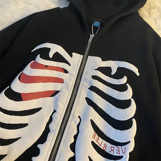 Y2K Harajuku Estilo Coreano Esqueleto Solto Com Zíper Para Cima Capuz Grunge Manga Longa Retro Jaqueta Preta Tamanho Grande
