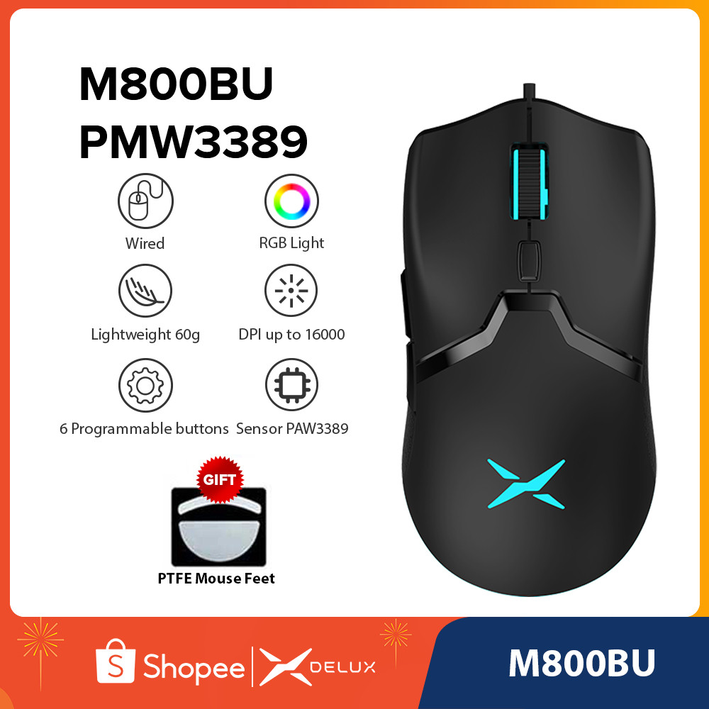 Delux Mouse Gamer M800BU Ultra-Leve PMW3389 16000DPI Com Fio/De Jogos 58g RGB 6 Botões Totalmente Programável Ergonômica Para PC