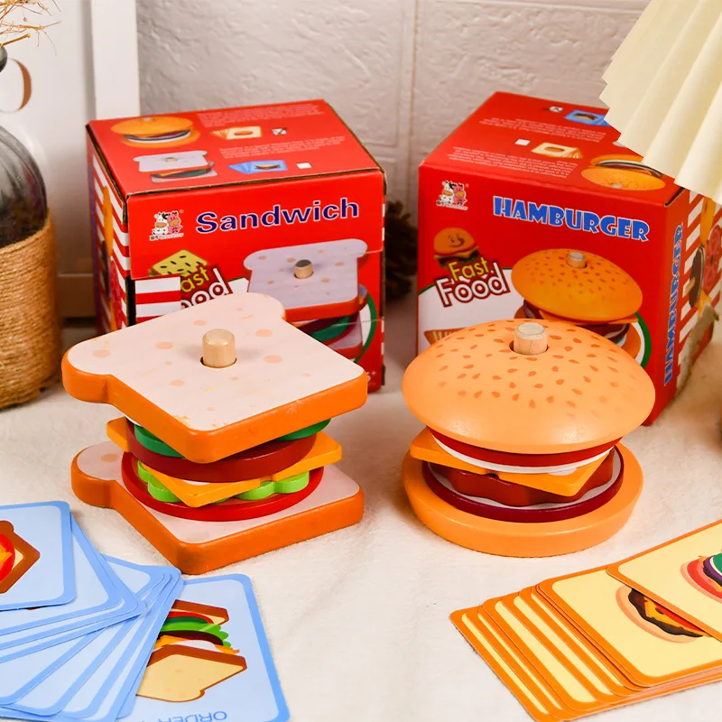 Brinquedo De Cozinha De Madeira Sanduíche De Hambúrguer Simulação De