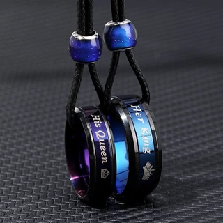 Colar De Anéis De Casal De Aço Titânio Com Cordão Ajustável Para Amantes-Gravado Azul E Roxo Texto