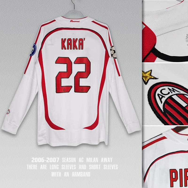 2006-2007ac Milan Away Retro de manga comprida Jersey No. 222 KAKA Jersey de Manga Longa Jersey de Futebol de Alta Qualidade Liga Européia do Campeonato Europeu Jersey