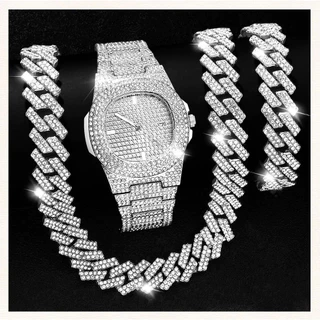 HYAKKI Relógios Masculinos Corrente Cubana De 15mm Hip Hop Jóias Colar De Prata Pulseira De Diamante Kit Masculino
