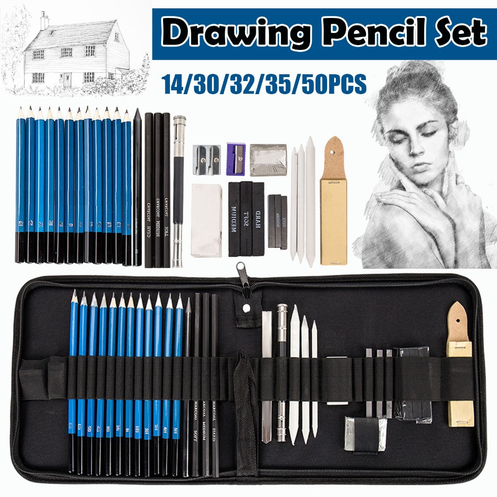 14/30/35/50/51 Peças Kit Estojo Lápis Azul De Cor Conjunto De Desenho de desenho profissional Estojo De Lápis Pintura Desenho Esboço/Kit desenhista /Papelaria Desenho Esboço