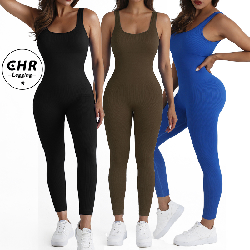 CHR Feminina Macacão Longo Canelado Sem Costuras Macacão Academia Roupa Apertado Elástico Yoga Levanta Bumbum Legging Fitness