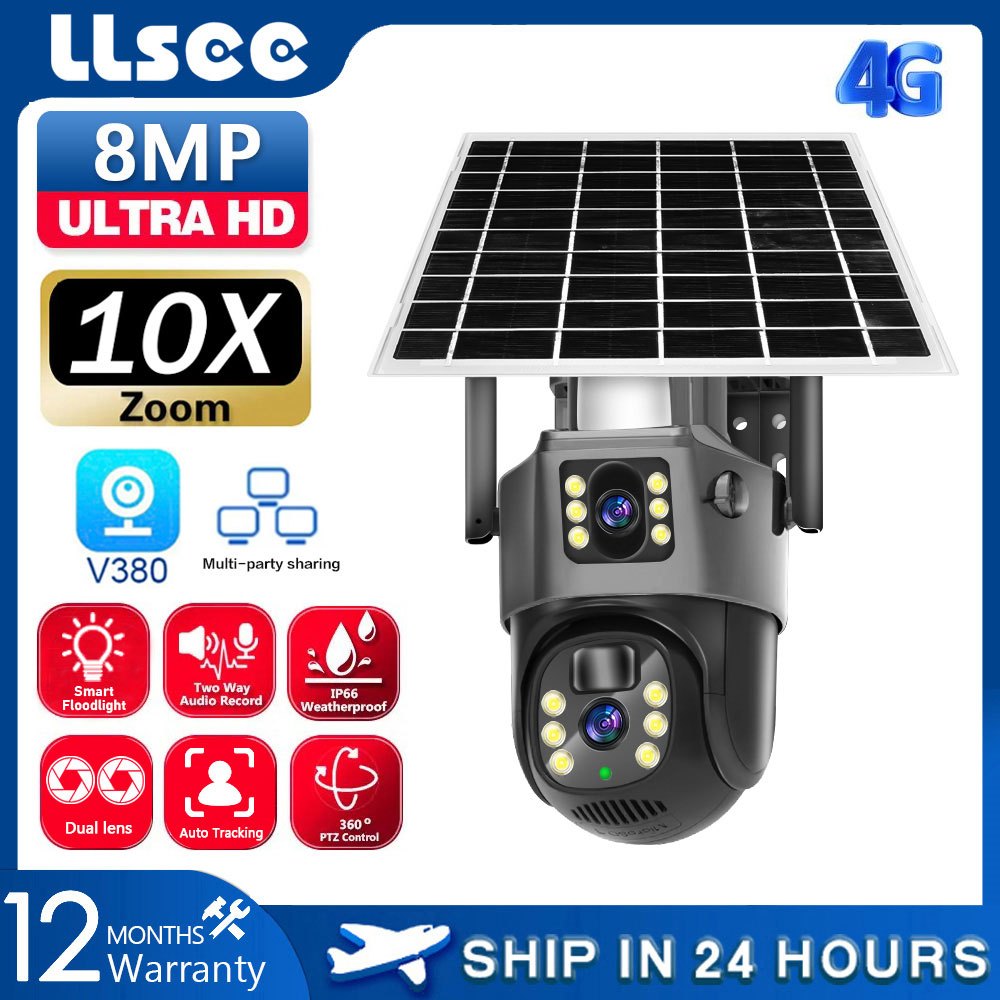 LLSEE V380 Lente Dupla Sem Fio 4K Cartão SIM 4G Câmera solar Externa À Prova D'água 360 CCTV IP De Segurança Doméstica PTZ Alarme De Rastreamento Automático push Cor Visão Noturna Chamada Bidirecional