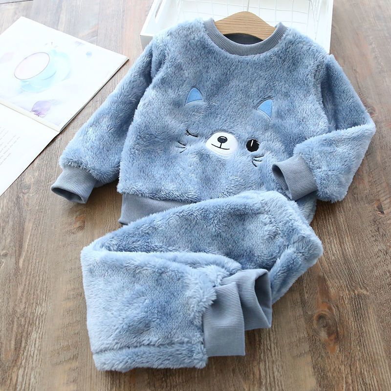 Crianças Meninos Meninas Flanela Pijama Conjunto Outono Inverno Kids Plush Thickened Casual Sleepwear Set Roupa De Noite Toddler Cartoon Cat