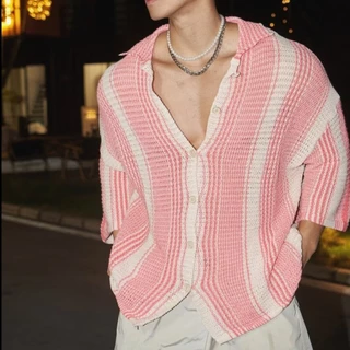 Camisa de malha americana Retro Colorida de malha oca listrada Primavera Verão Lapela Solta Casual Camisa Casual Top Street Wear Loose Versão Camisa de malha solta
