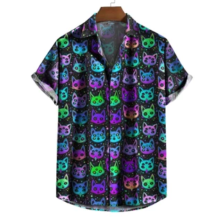 Camisa De Botão festival Dos Gatos Morcegos Psicodélicos Coloridos rave