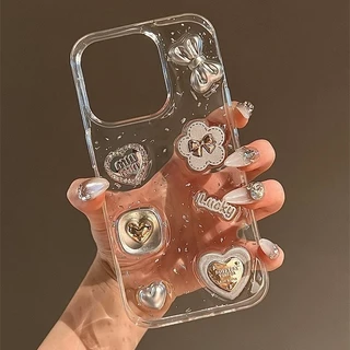 3D Y2K Star Heart Pearl Bow Capa De Folha De Prata Para iPhone 15 14 13 12 11 Pro Max MiNi XS XR X 7 8 Mais Silicone Transparente E Fofa