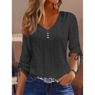 Blusas Elegantes De Moda Feminina Camisas Ocas Vestuário Feminino 2024 Outono Inverno Novo Escritório Senhoras Brancas De Manga Longa Com Pescoço Em V