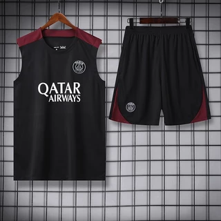 Roupa esportiva de futebol Roupa esportiva ao ar livre, Roupa de manga curta com padrão preto, Calção preto com bolsos, Logotipo bordado
