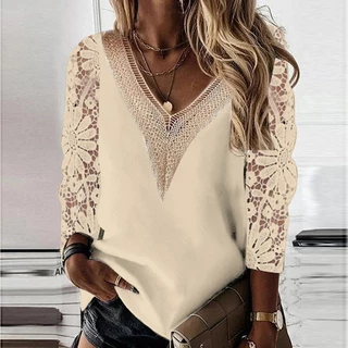 Elegante Blusa De Manga Comprida , Pescoço Em V Feminino , Camisa De Renda Oca , Casual , Roupa Solta