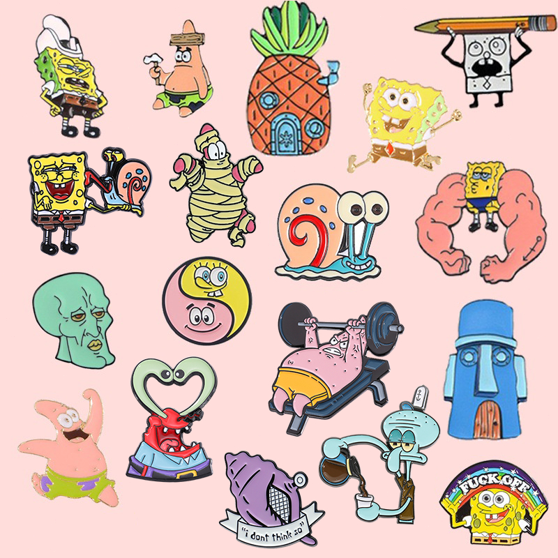 Anime SpongeBob SquarePants Series Brooch Pins Hamburgo Crachás Lapela Broches Acessórios Patrick Star Snail Badges Jóias
