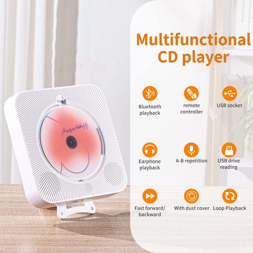Yintiny Leitor de CD Recarregável 5.0 Bluetooth HiFi Leitor de Música Portátil Decoração de Casa