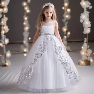 4-14 Anos De Idade Vestidos De Noiva Compridos Com Lantejoulas Cor-De-Rosa Vermelho Branco