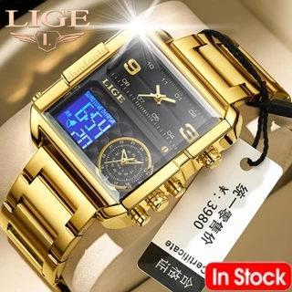 Relógio masculino de luxo LIGE relógios de pulso esportivos originais quartzo dourado aço completo à prova d