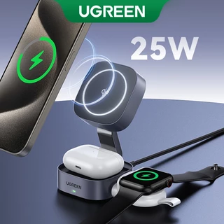 Carregador Magnético Sem Fio UGREEN 2 Em 1 25W , Certificado Qi2 MPP , Suporte 15W Carregamento Rápido Para iPhone 12-15 , Seu E Airpod Ao Mesmo Tempo